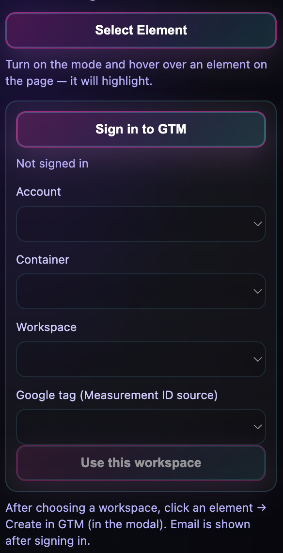 Event settings — Sign in to GTM and select element
